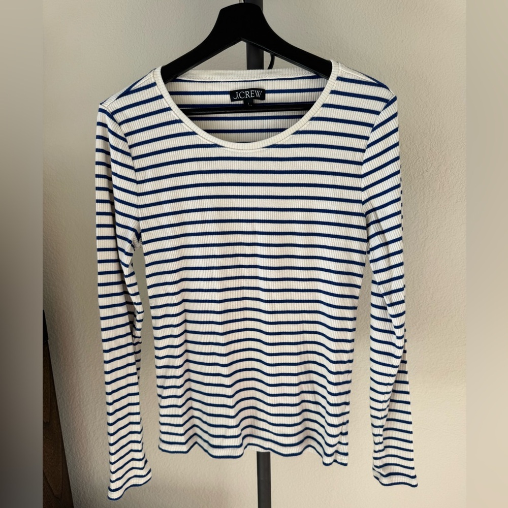 J. Crew Women's White and Navy Striped Long Sleeve Tee
